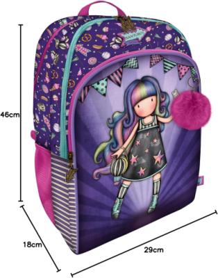 SANTORO GORJUSS LONDON ZAINO SCUOLA ELEMENTARE VIOLA CON BAMBOLINA CAPELLI MULTICOLOR PON PON FUCSIA,TRE TASCHE CON CERNIERA 46cm×18cm×29cm