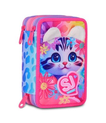 Astuccio Seven SJ 2025/26 gattino multicolor orecchie pelose tre zip completo di materiale scolastico