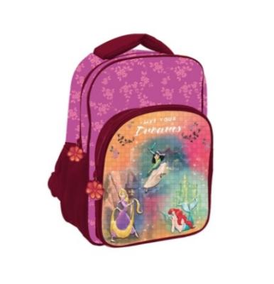 Disney zainetto principesse fucsia sirenetta,Rapunzel,mulan effetto laminato, due tasche con cerniera,due tasche laterali per borraccia 30