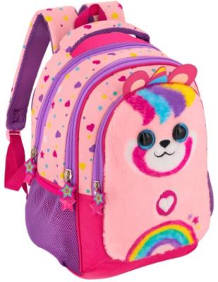 Zaino scuola elementare 2025/26 jullian ross panda unicorno peloso multicolor,con tre cerniere con chiusura a zip, tasche laterali per borraccia, schienale imbottito