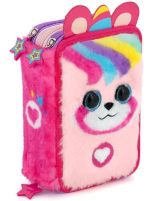 Astuccio 3 zip jullian ross panda unicorno multicolor peloso, completo di materiale scolastico, colori Giotto