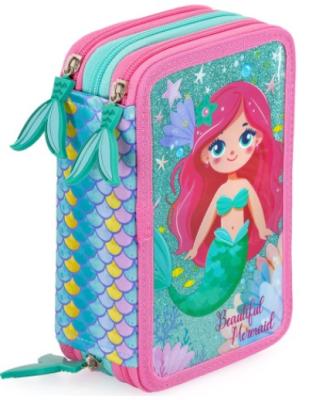 Astuccio 3 zip jullian ross sirena verde smeraldo glitter , completo di materiale scolastico, colori Giotto
