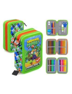 Astuccio 3 zip Minecraft verde e arancio, completo di materiale scolastico