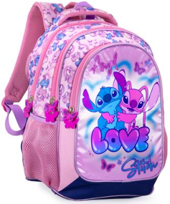 Disney zaino scuola elementare Stitch 2025/26 tre cerniere, stampa Stitch e angel,schienale imbottito, tasche laterali porta borraccia