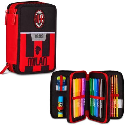 Seven astuccio 3zip ufficiale milan stampa rossonero, completo di materiale scolastico