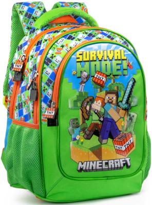 Zaino scuola elementare Minecraft stampa verde e arancio, tre cerniere,schienale imbottito,con tasche laterali per borraccia