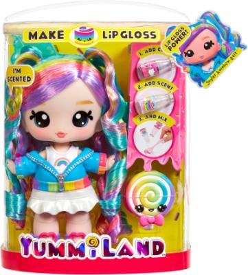 Yummiland Large Doll and Lip Gloss Pet - Cintura Arcobaleno Skyler, con Kit Fai-da-te, Età 4+