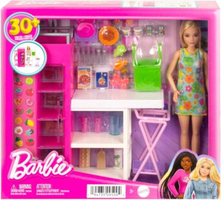 Barbie - Dispensa dei Sogni, playset estensione della cucina di Barbie con bambola inclusa e 25+ accessori, mobili per casa delle bambole e adesivi a tema cibo, giocattolo per bambini, 3+ anni