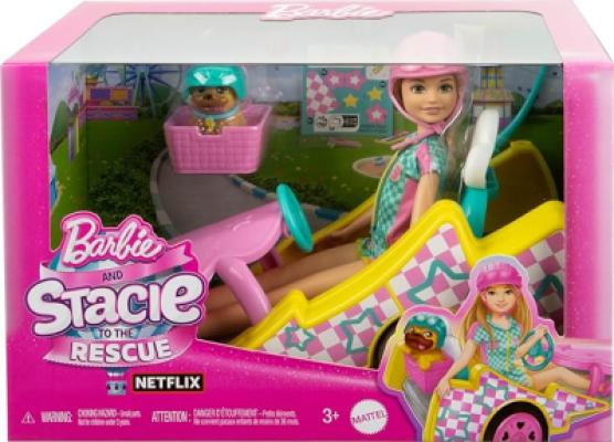 Barbie - Stacie Go-kart, playset con bambola e veicolo funzionante, include cucciolo, foglio di adesivi e accessori, dal film Barbie and Stacie to the Rescue, giocattolo per bambini, 3+ anni,