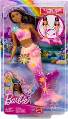 Barbie - Sirena Magia Floreale, dai capelli castani con ciocche viola, coda sfumata e fascia con perle, magica sorpresa e fiori che sbocciano inclusi, giocattolo per bambini, 3+ anni