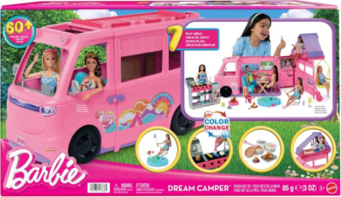 Barbie - Camper dei Sogni, Veicolo con Oltre 60 Accessori e Pasta modellabile, Effetto Cambia Colore, Include Tenda sul Tetto e Altalena, Giocattolo per Bambini, 3+ Anni, 2025