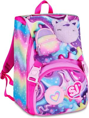 SJ GANG STYLE JAM GANG Zaino Scuola Estensibile SOFT POUCH GIRL, Multicolore, 24L, Zip Laterali, Applicazione morbido unicorno, Tasca frontale, Tasca portaborraccia, Scuola elementare, Bambina